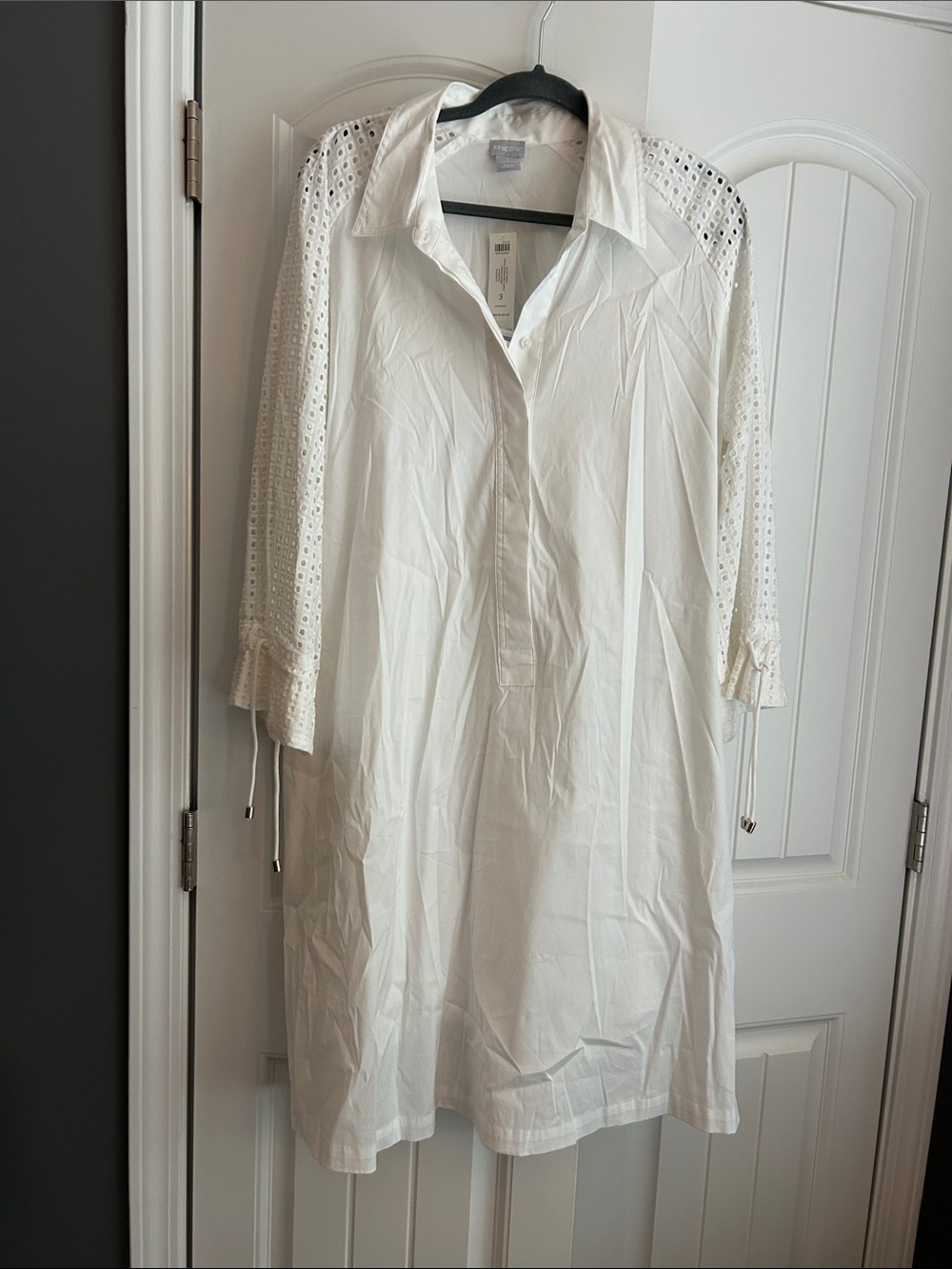 NWT Chicos (size 3 or 16) White Eyelet Sleeve Midi Shirt Dress